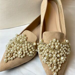 Elegant Ballerina Beige Suede Leather Pearl Crystal Embellished Flats Wedding 9